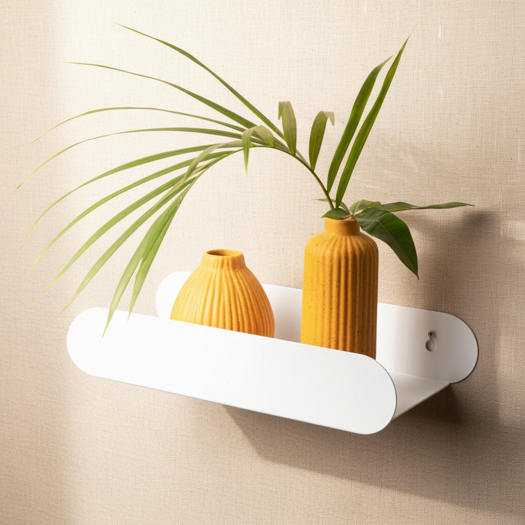 floating metal wall shelf with geometric hexagon-like capsule shape