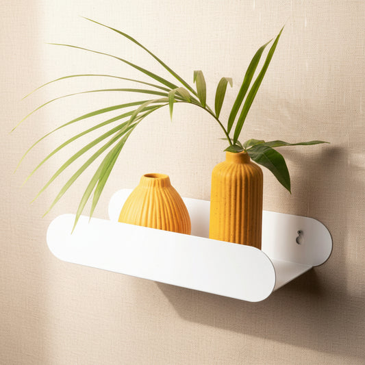 floating metal wall shelf with geometric hexagon-like capsule shape