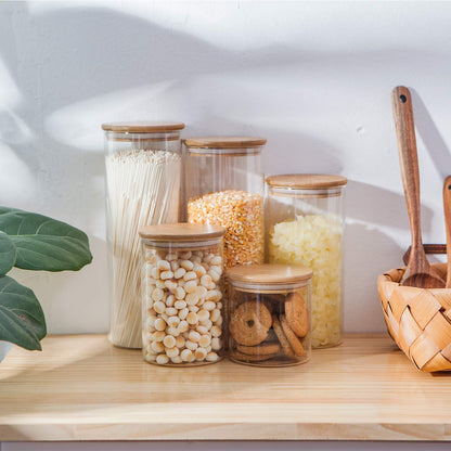 glass food storage containers with bamboo lids used for pantry organization