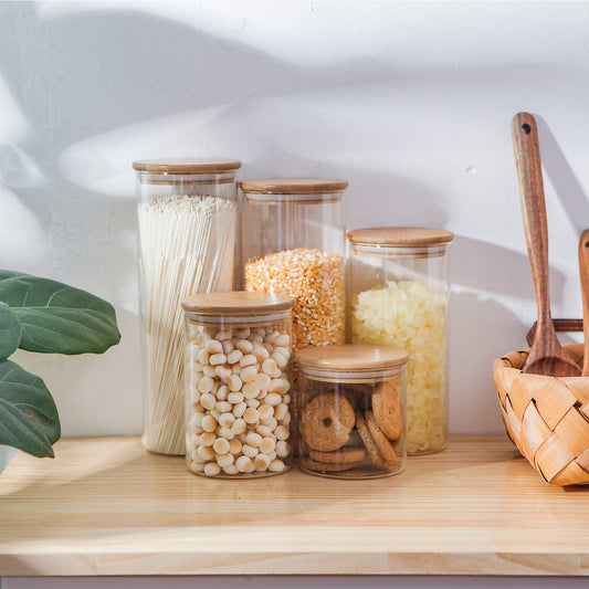 glass food storage containers with bamboo lids used for pantry organization