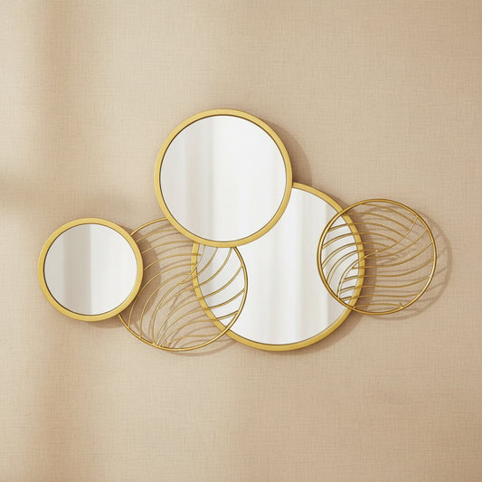 decorative golden metal wall mirror set with multiple round mirrors and geometric frame