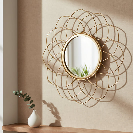 round golden wall mirror mounted on wall in modern interior