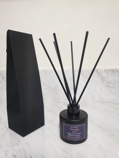 Satin black reed diffuser with grapefruit, mandarin, rosemary and vetiver essential oils
