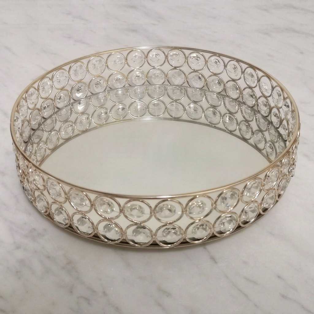 Mirrored decorative tray with crystal embellishments, full view