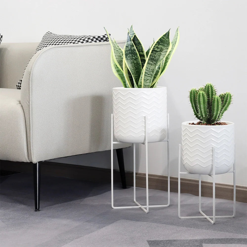 Set of 2 Metal Planters With Stand – Bright White (17 cm & 12 cm)