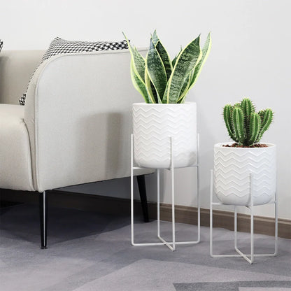 Set of 2 Metal Planters With Stand – Bright White (17 cm & 12 cm)