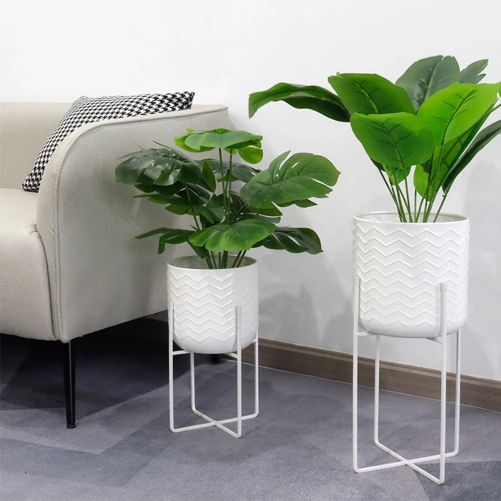 Set of 2 Metal Planters With Stand – Bright White (17 cm & 12 cm)