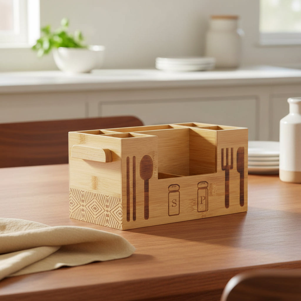 bamboo kitchen organiser in natural and black tones for everyday storage