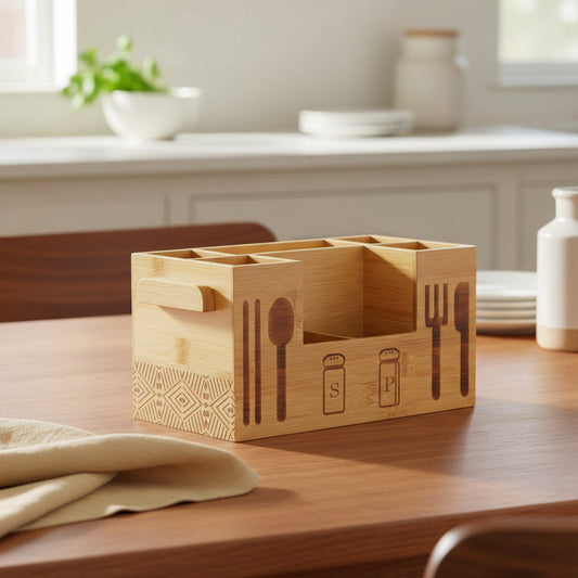 bamboo kitchen organiser in natural and black tones for everyday storage