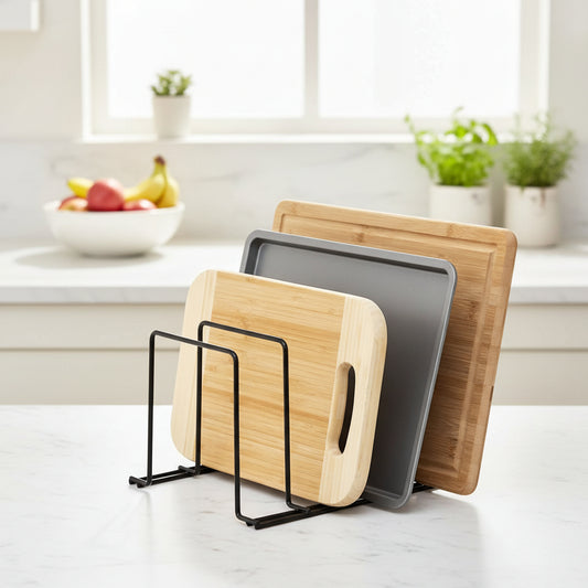 kitchen organizer storing utensils spices and everyday kitchen essentials on countertop