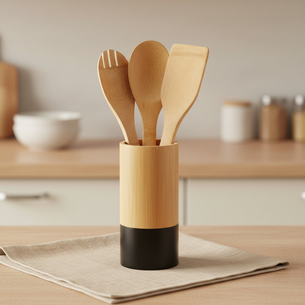 bamboo kitchen utensil holder with wooden utensils for everyday cooking use