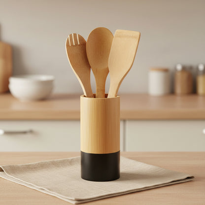 bamboo kitchen utensil holder with wooden utensils for everyday cooking use