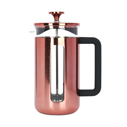 copper french press coffee maker with glass carafe and metal frame