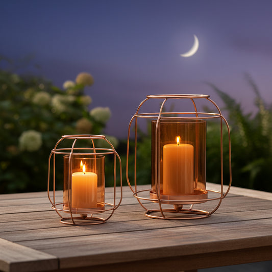 decorative lantern with amber glass and copper metal frame for warm ambient lighting