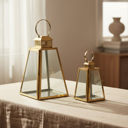 decorative gold lantern with glass panels for indoor lighting
