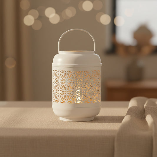 white and gold decorative lantern with soft glow lighting effect