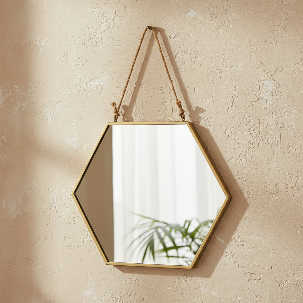 large gold geometric wall mirror with metal frame arranged on gallery wall