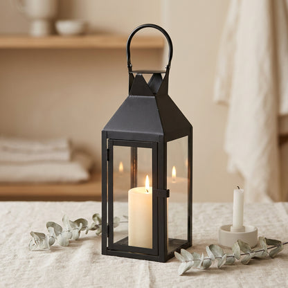 Large Satin Black Candle Lantern – decorative indoor and outdoor lantern
