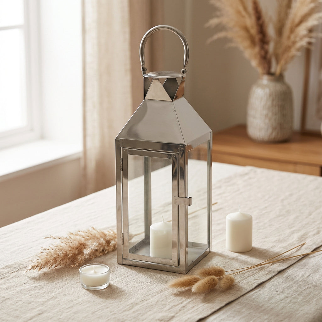 Large Silver Candle Lantern – elegant indoor and outdoor decorative lantern