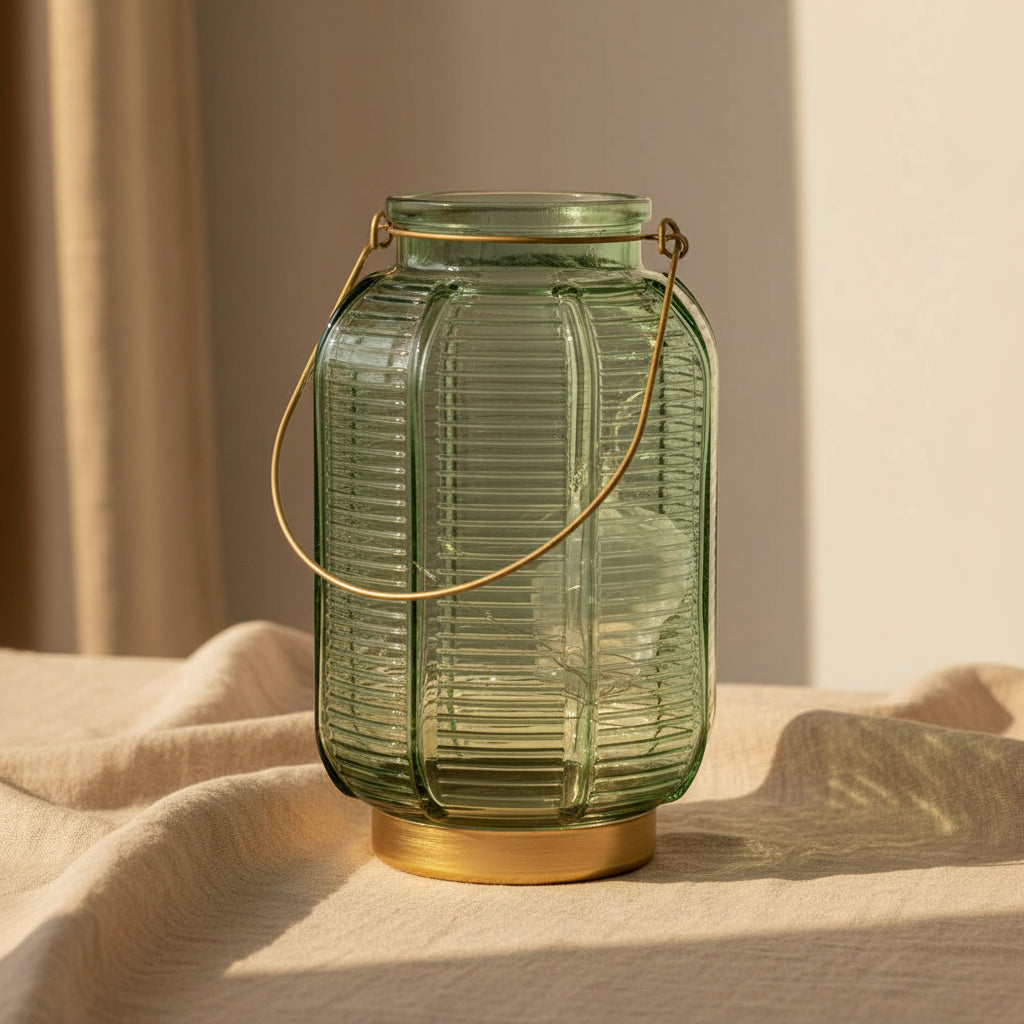 glass LED lantern with gold and green striped design for indoor decoration