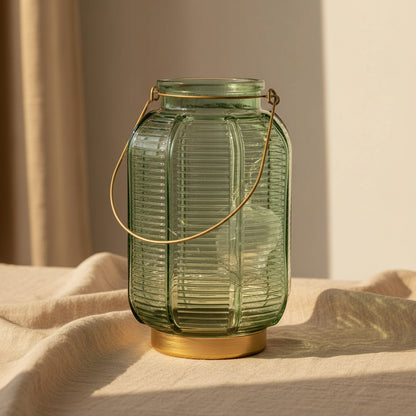 glass LED lantern with gold and green striped design for indoor decoration