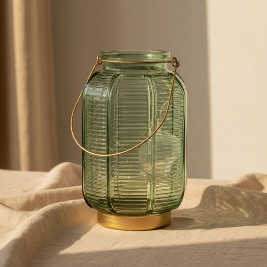 glass LED lantern with gold and green striped design for indoor decoration
