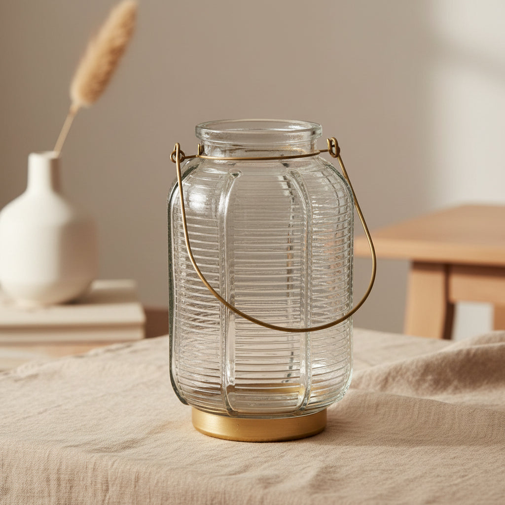 transparent glass LED lantern with gold stripes for decorative ambient lighting