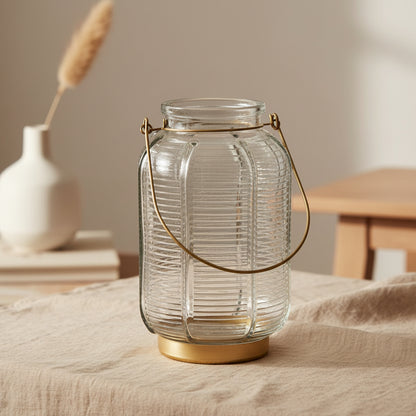 transparent glass LED lantern with gold stripes for decorative ambient lighting