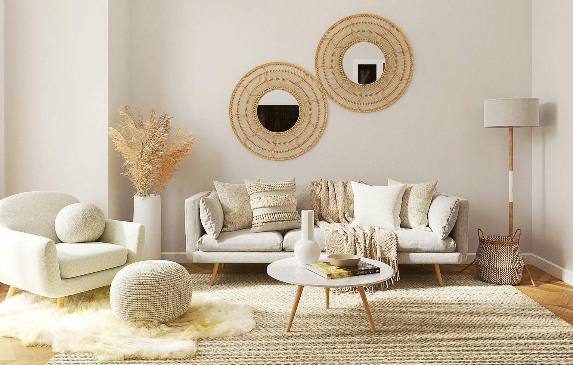A living room interior with neutral furniture, natural materials, and soft daylight.