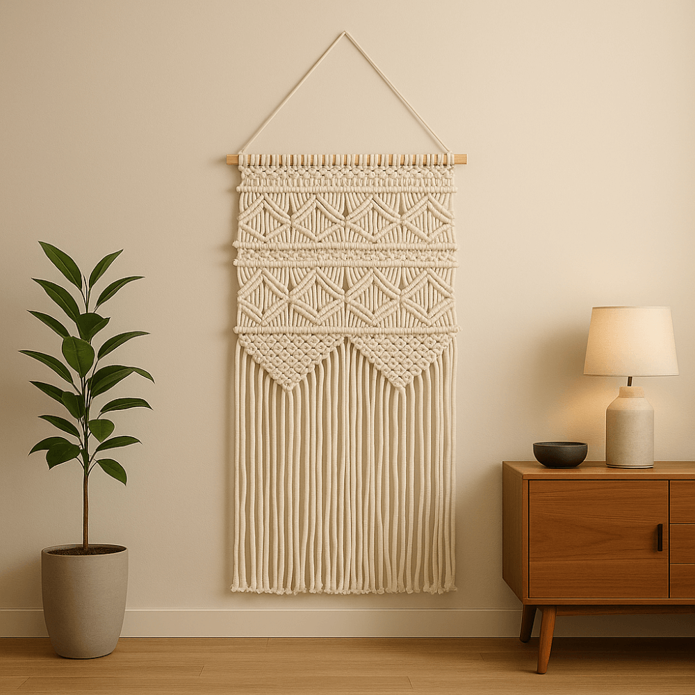 hand-knotted macrame wall hanging made from natural cotton rope for home decor