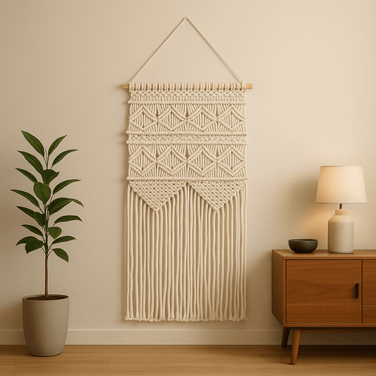 hand-knotted macrame wall hanging made from natural cotton rope for home decor