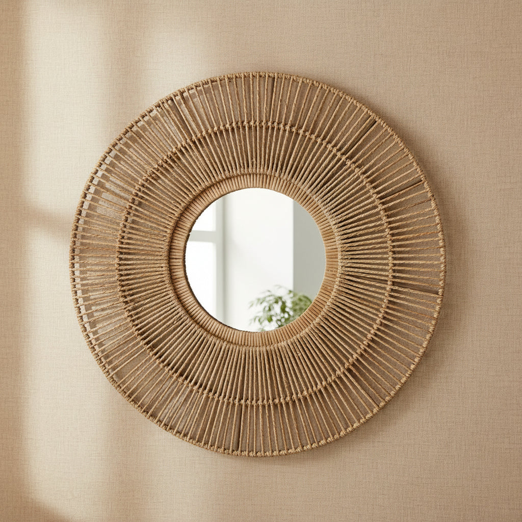 natural fibre wall mirror bali style with metal frame adding texture to interior wall