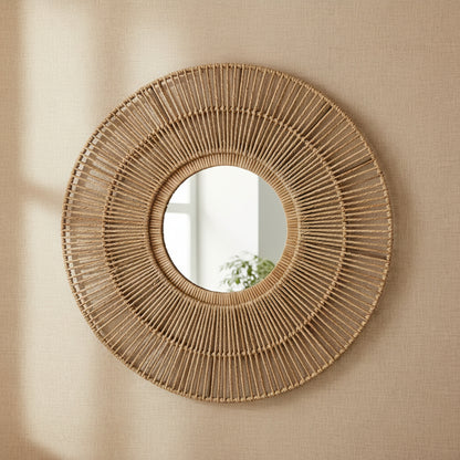 natural fibre wall mirror bali style with metal frame adding texture to interior wall