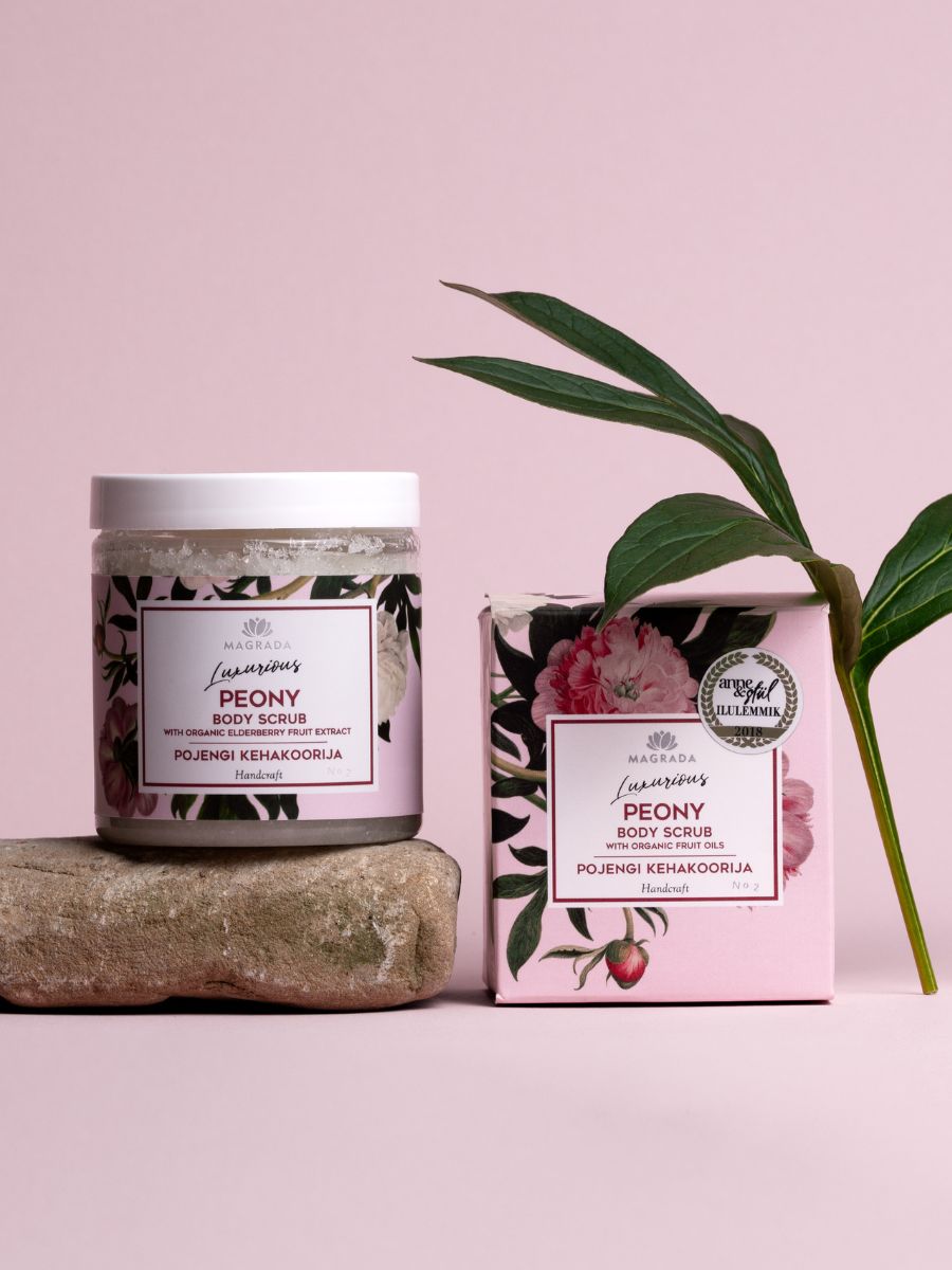 body scrub with peony scent and organic fruit oils for smooth skin