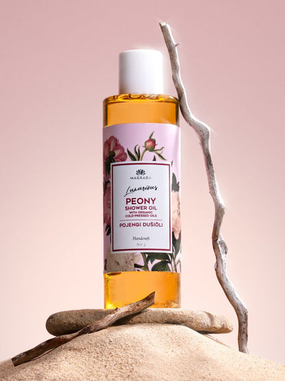 peony shower oil with organic fruit oils for gentle cleansing and soft skin