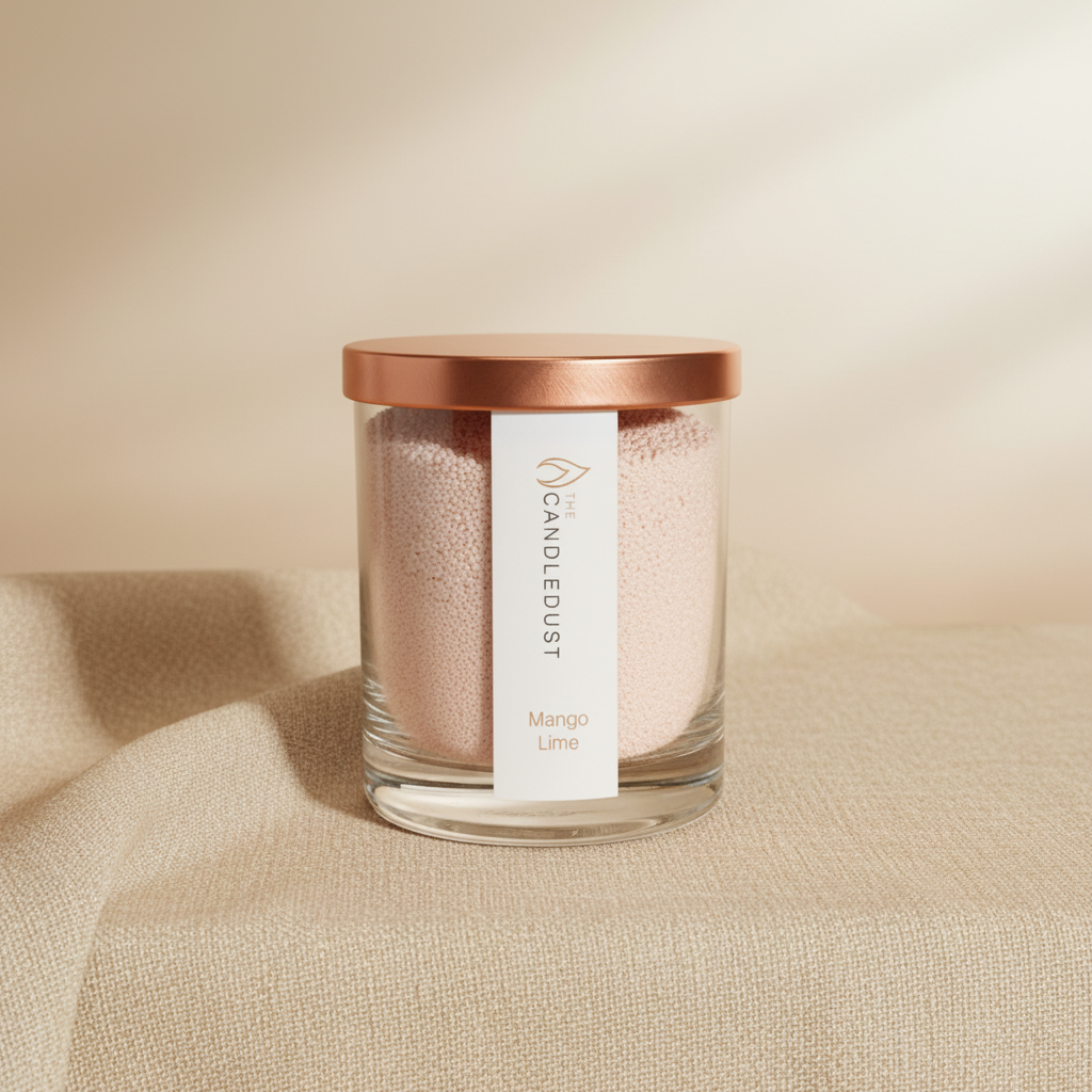scented powdered candle in glass with mango lime citrus fragrance