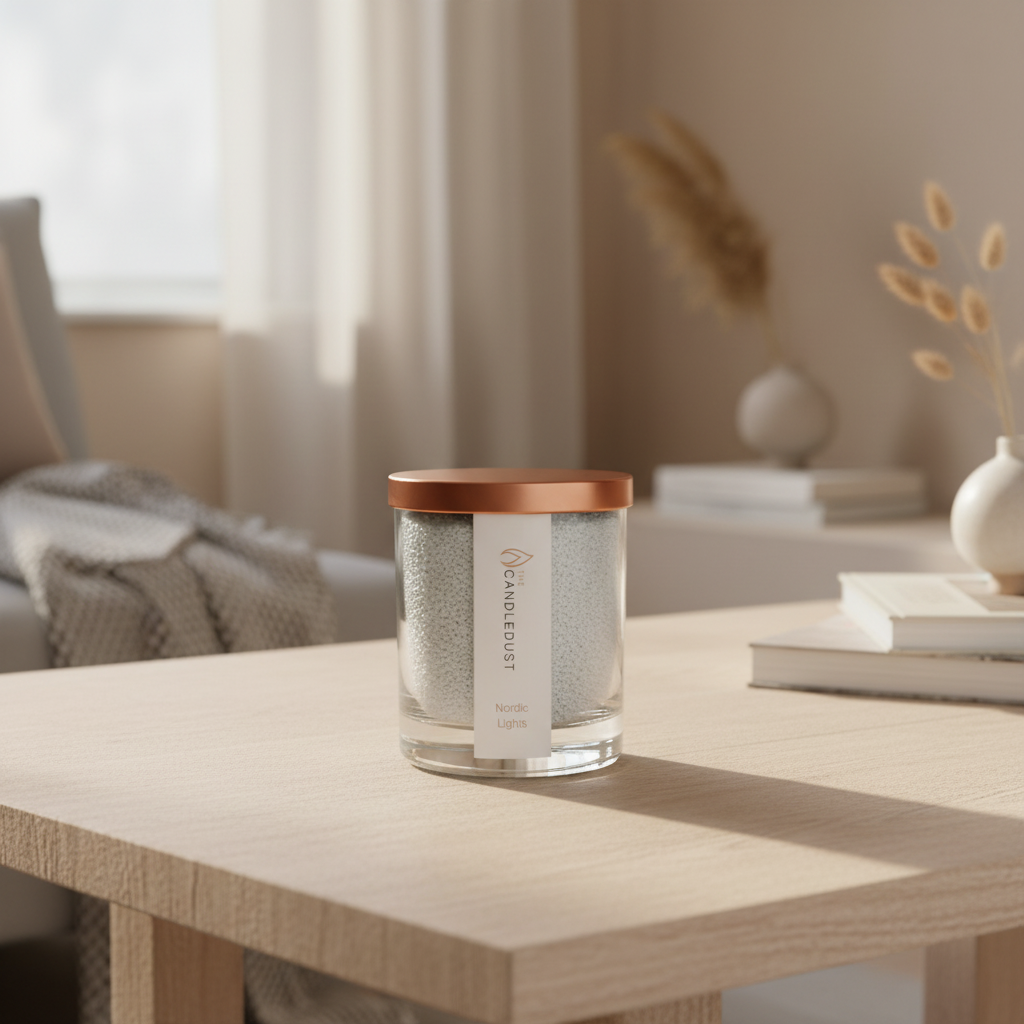 scented powdered candle in glass with lid and nordic forest fragrance