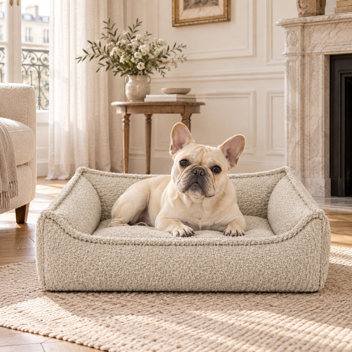 Nino Bouclé Dog Basket Bed with Removable Cover – Ecru, L