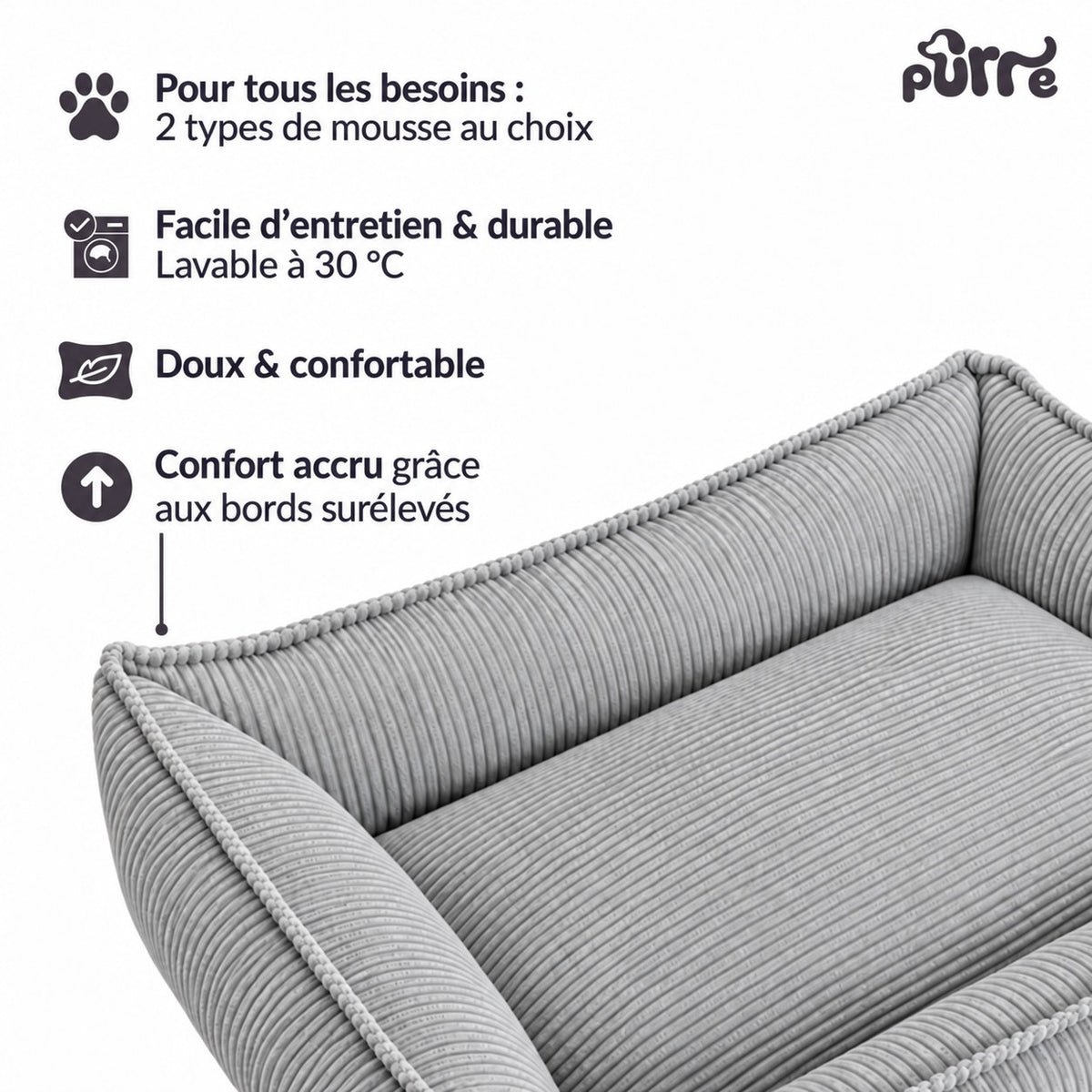 Nino Corduroy Dog Basket Bed with Removable Cover – Cloud Grey, M
