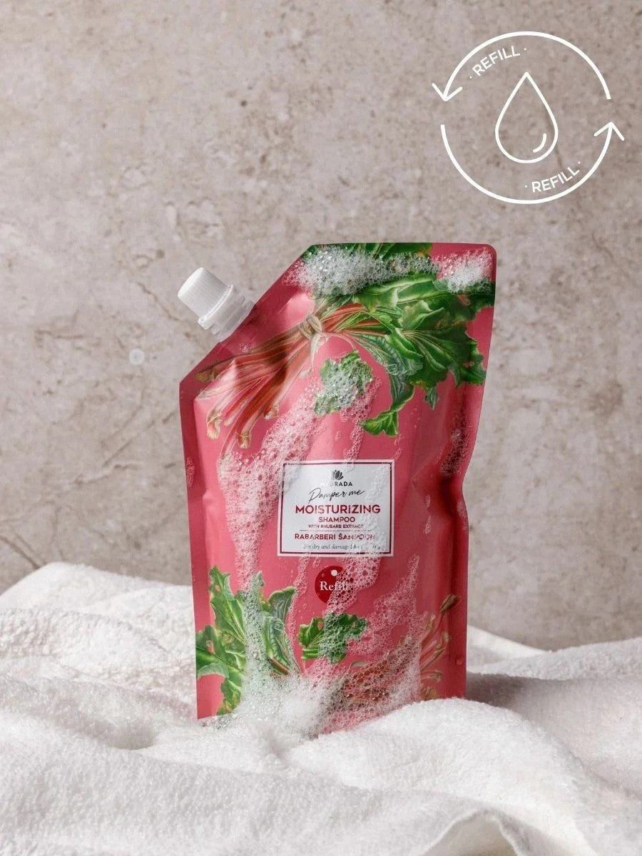 refill shampoo with rhubarb and aloe extract for gentle cleansing and moisture