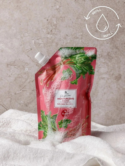 refill shampoo with rhubarb and aloe extract for gentle cleansing and moisture
