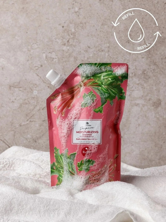 refill shampoo with rhubarb and aloe extract for gentle cleansing and moisture