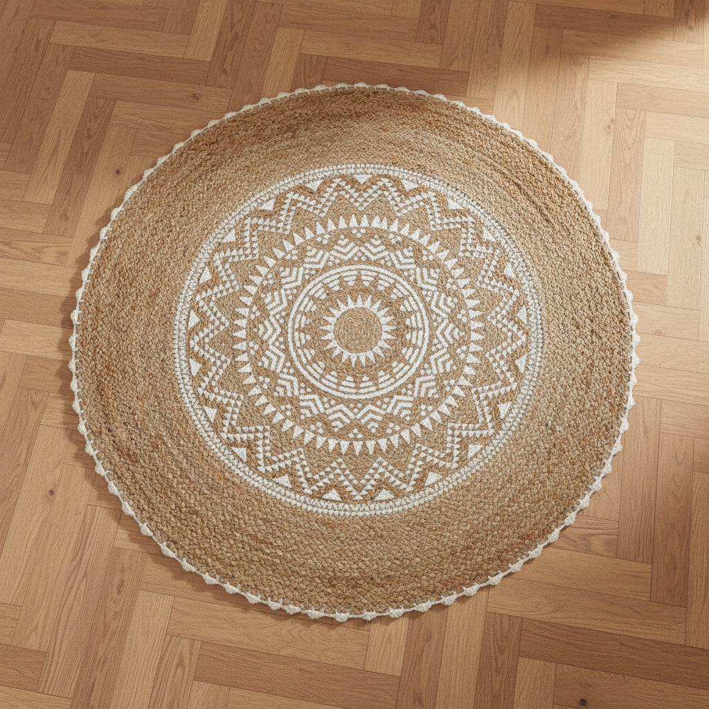 brown mandala carpet with natural finish used to add texture and structure to living space