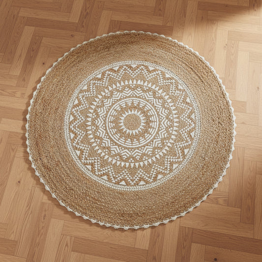 brown mandala carpet with natural finish used to add texture and structure to living space