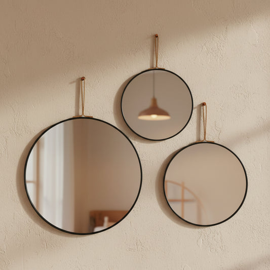 set of round wall mirrors in different sizes arranged together