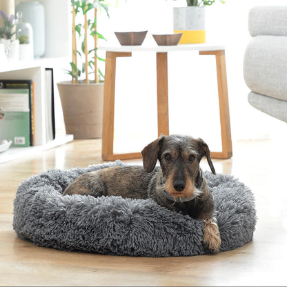 round grey pet bed with raised edge for cats and dogs