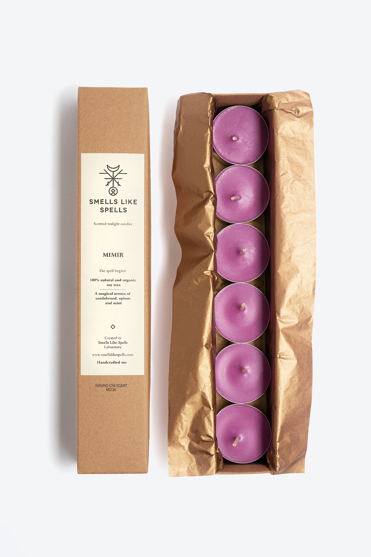 set of scented tealight candles with calming herbal and woody fragrance