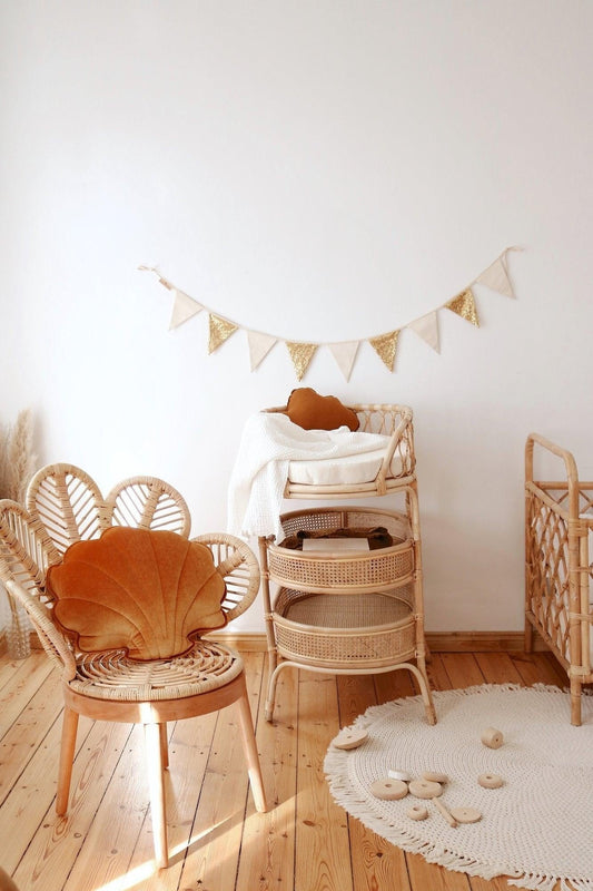 Gold and beige sequin garland with 9 cotton pendants