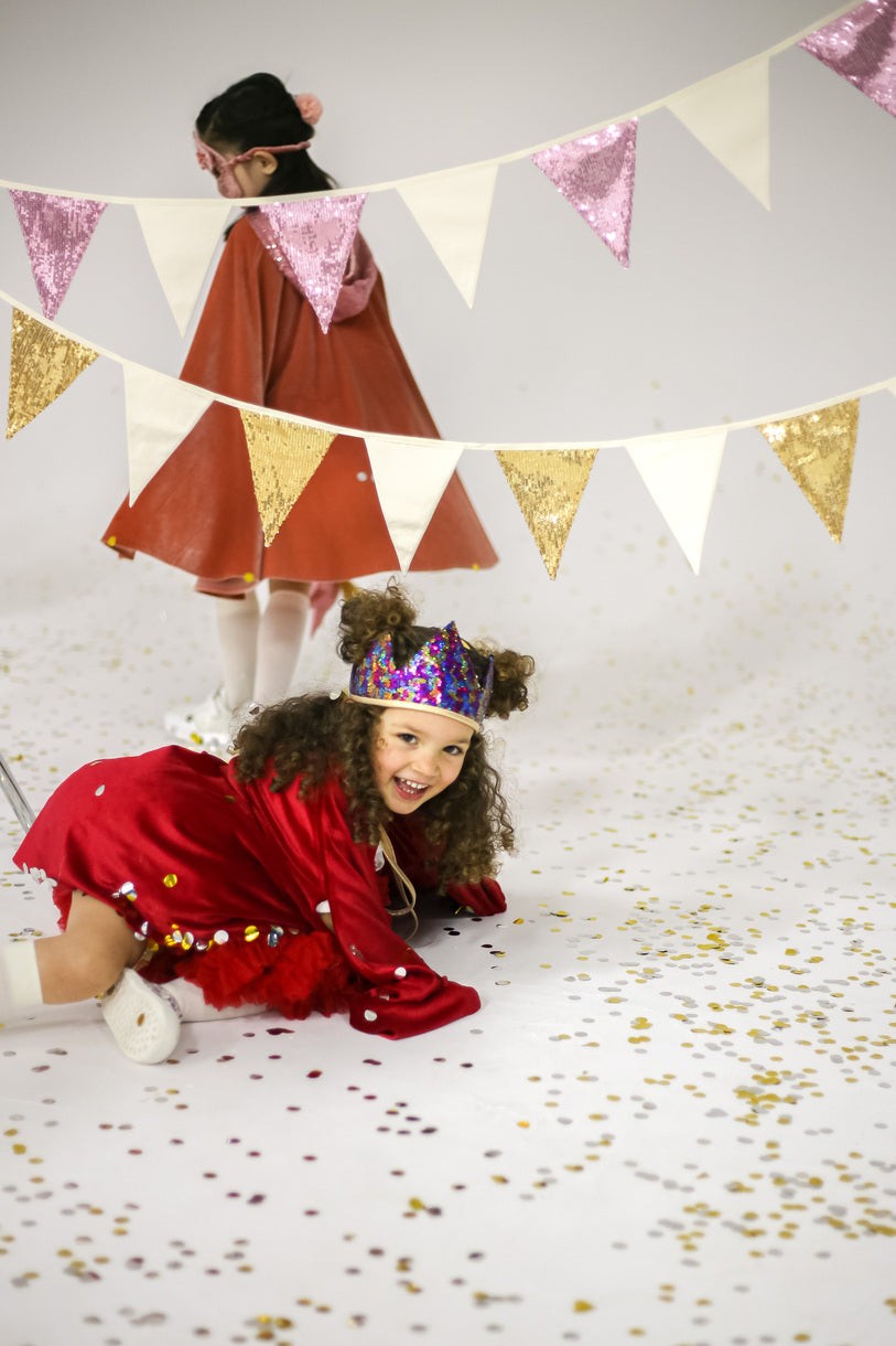 Pink and beige sequin garland with 9 cotton pendants