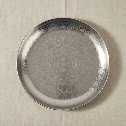 silver tone decorative tray with intricate pattern for candles and home styling